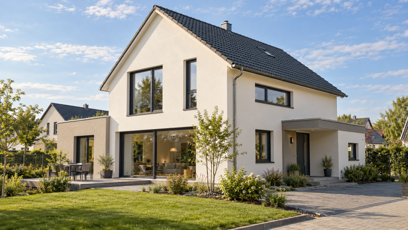 Individuell geplantes Massivhaus im Morgenlicht